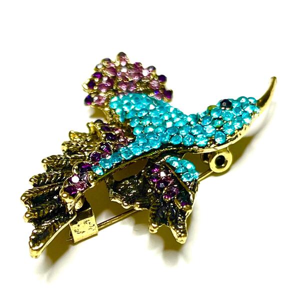 Hummingbird Brooch Blue Purple Gold Vintage Vtg Pin S16 - Picture 2 of 4